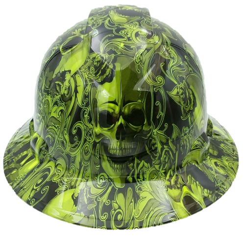 Full Brim Skulls & Roses Lime Hard Hat with 4 Point Ratchet