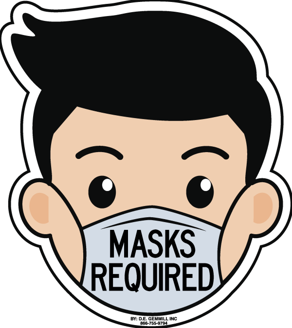 Boy wearing a mask that says masks required