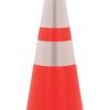 red and white reflective traffic cone