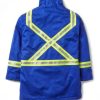 back of a royal blue parka with reflective stripes