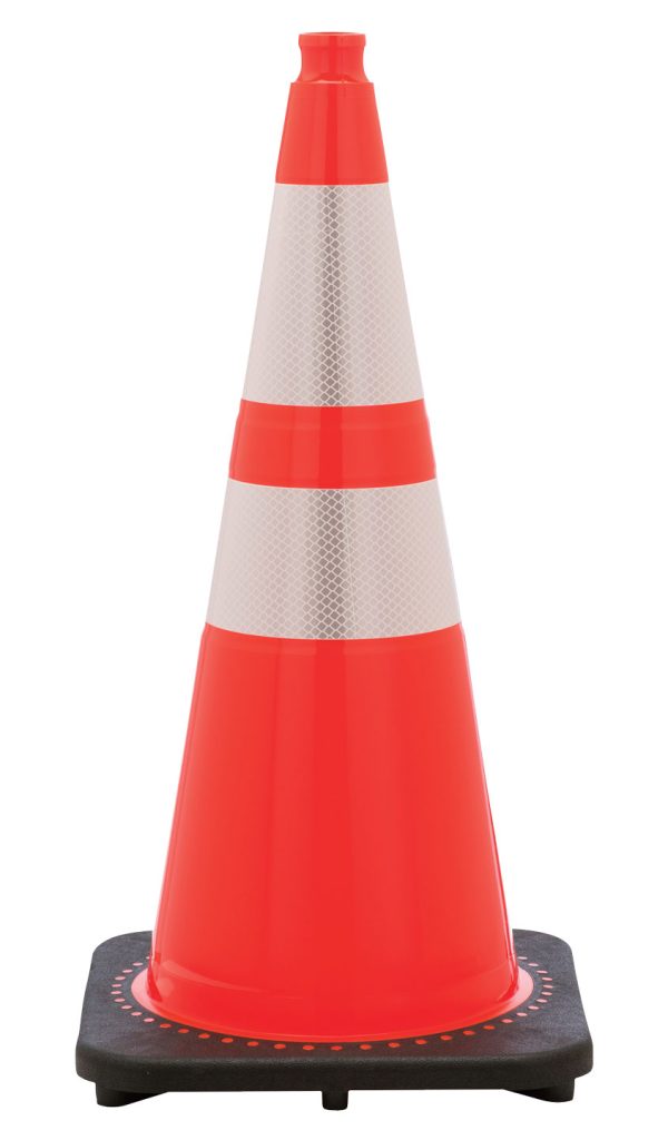 red and white reflective traffic cone