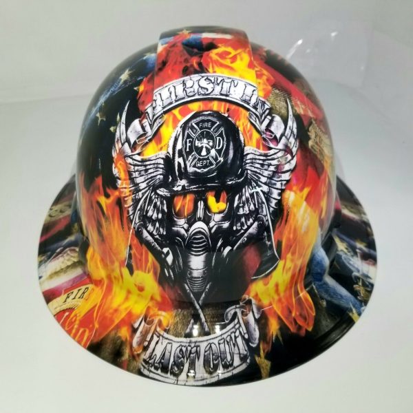 Full Brim Firefighter First In Last Out Hard Hat with 4 Point Ratchet Suspension